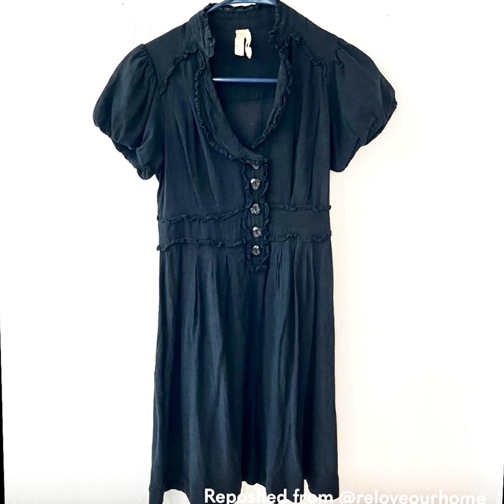 Maeve Button Front Black Dress Puffed Sleeves Size Small